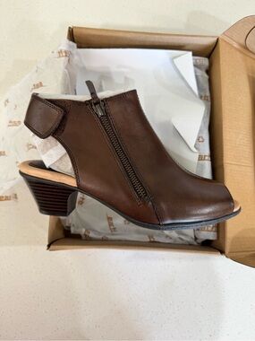 Earth Brown Leather Peep-Toe Heel Bootie with Side Zip
